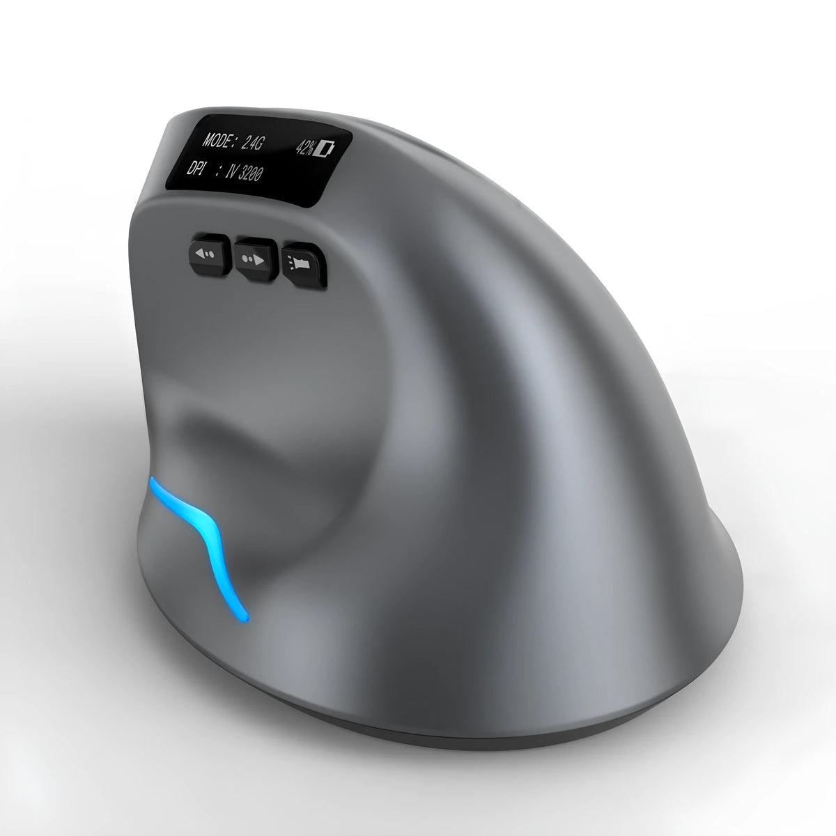 Grey handheld vertical mouse with dual-mode grip design for Bluetooth laptop connectivity