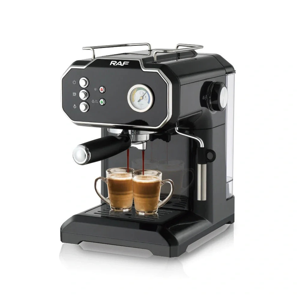 Black semi-automatic coffee machine with LCD display and 1.5L capacity