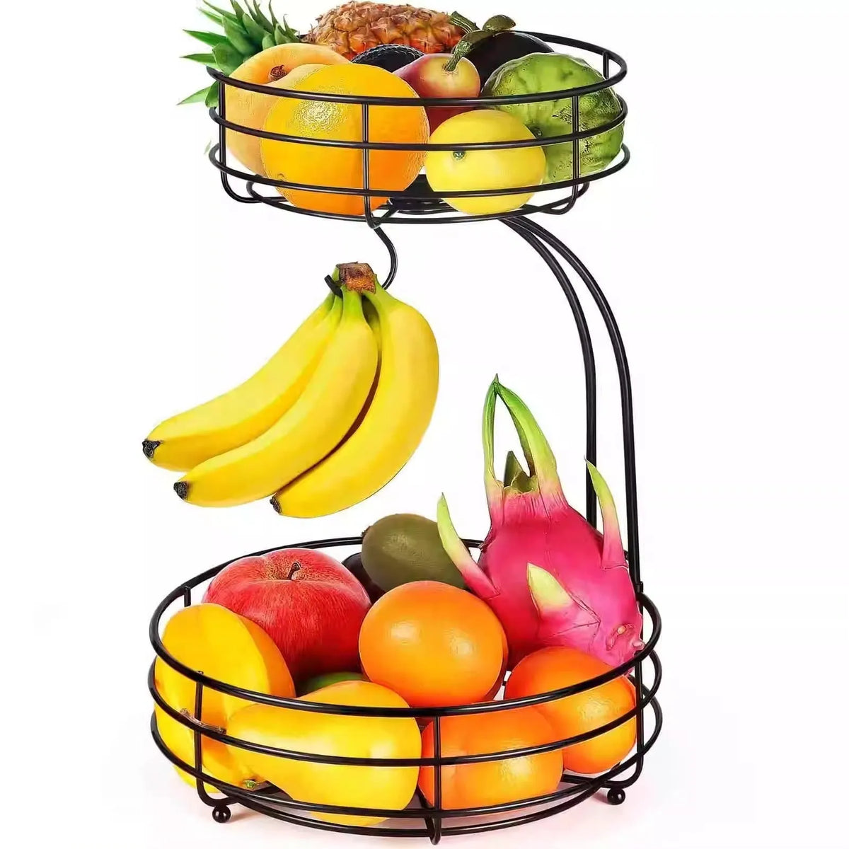 Black double-layer wrought iron fruit basket with 30cm diameter on kitchen counter