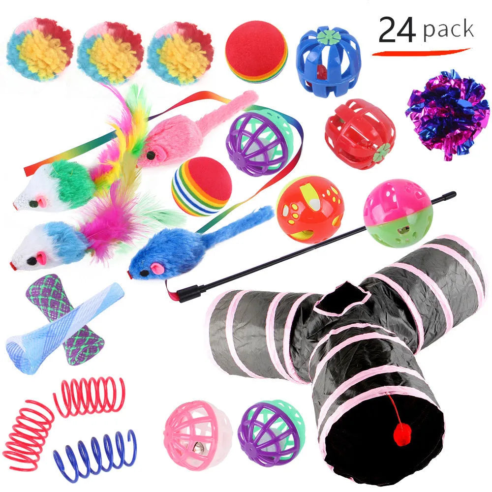 Plastic cat toy set with coloured tunnel channels and a ball for interactive indoor play.