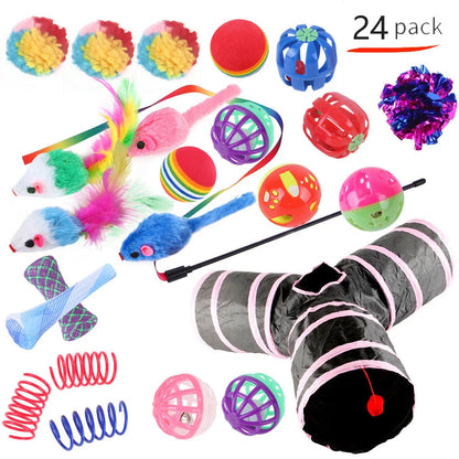 Plastic cat toy set with coloured tunnel channels and a ball for interactive indoor play.