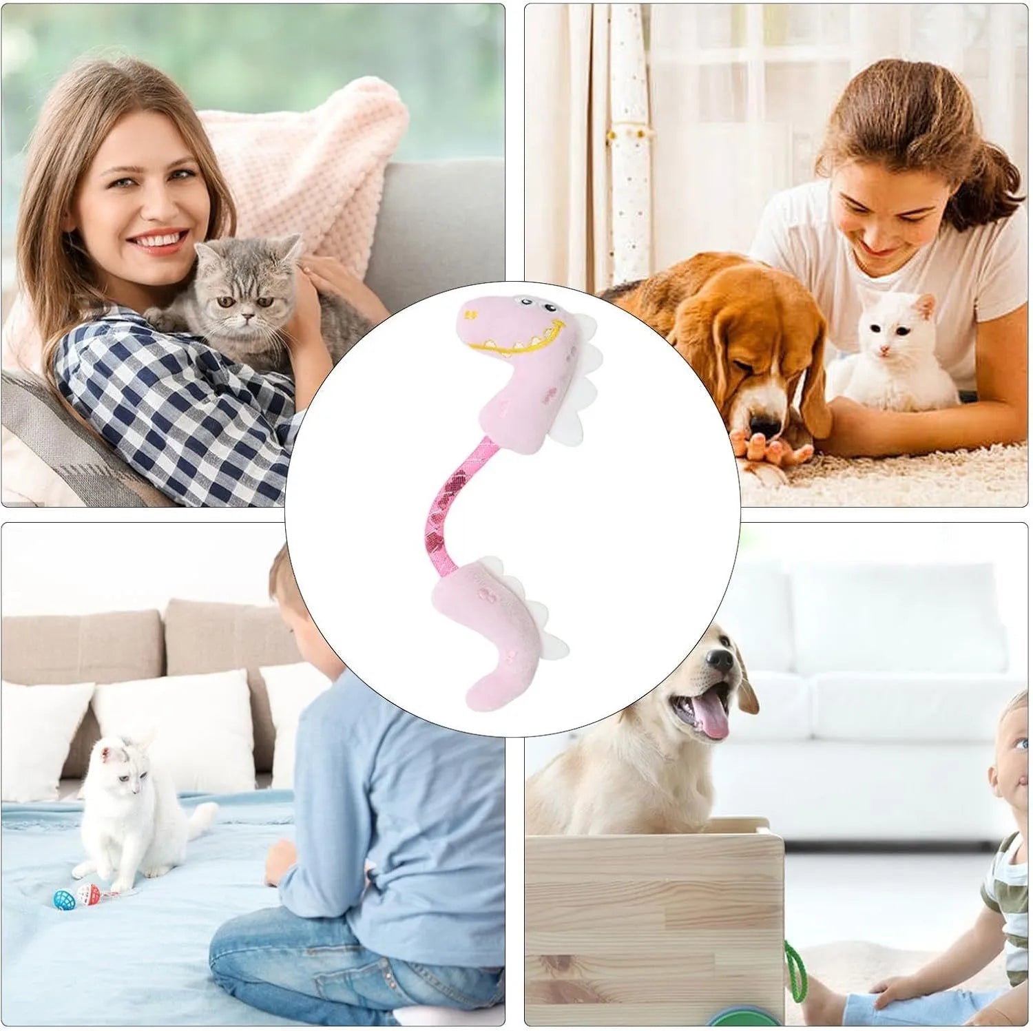 Set of four colourful plush cat toys: a mouse, a fish, a bunny, and a chew toy on a plain background.