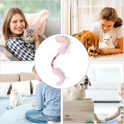 Set of four colourful plush cat toys: a mouse, a fish, a bunny, and a chew toy on a plain background.