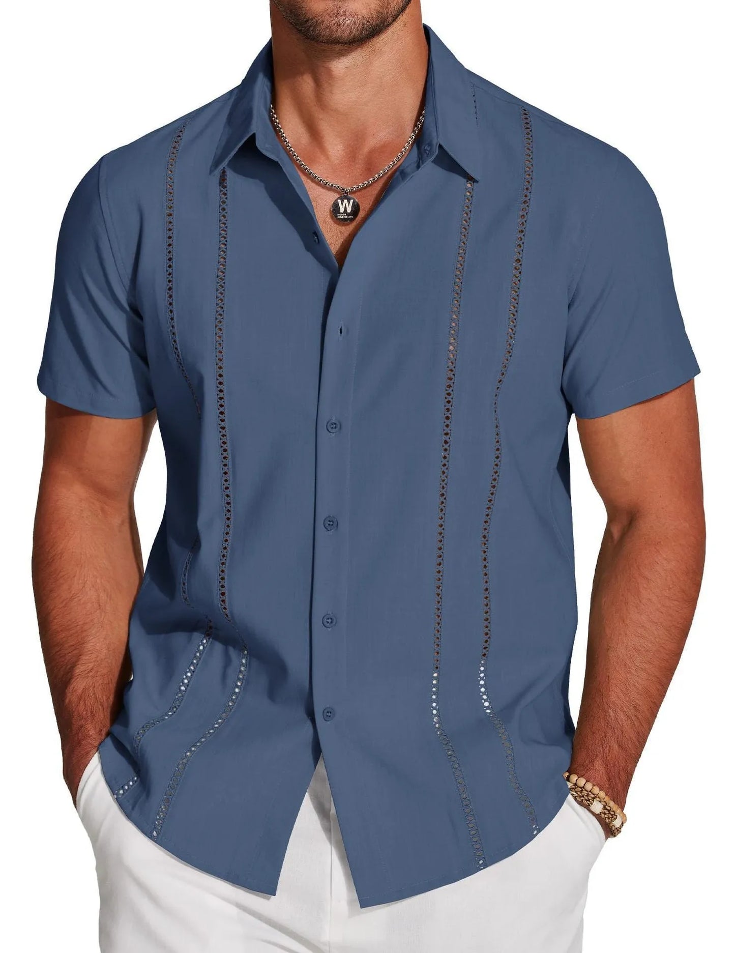 Men's slim fit Hawaiian short sleeve shirt with digital printed pattern on polyester fabric