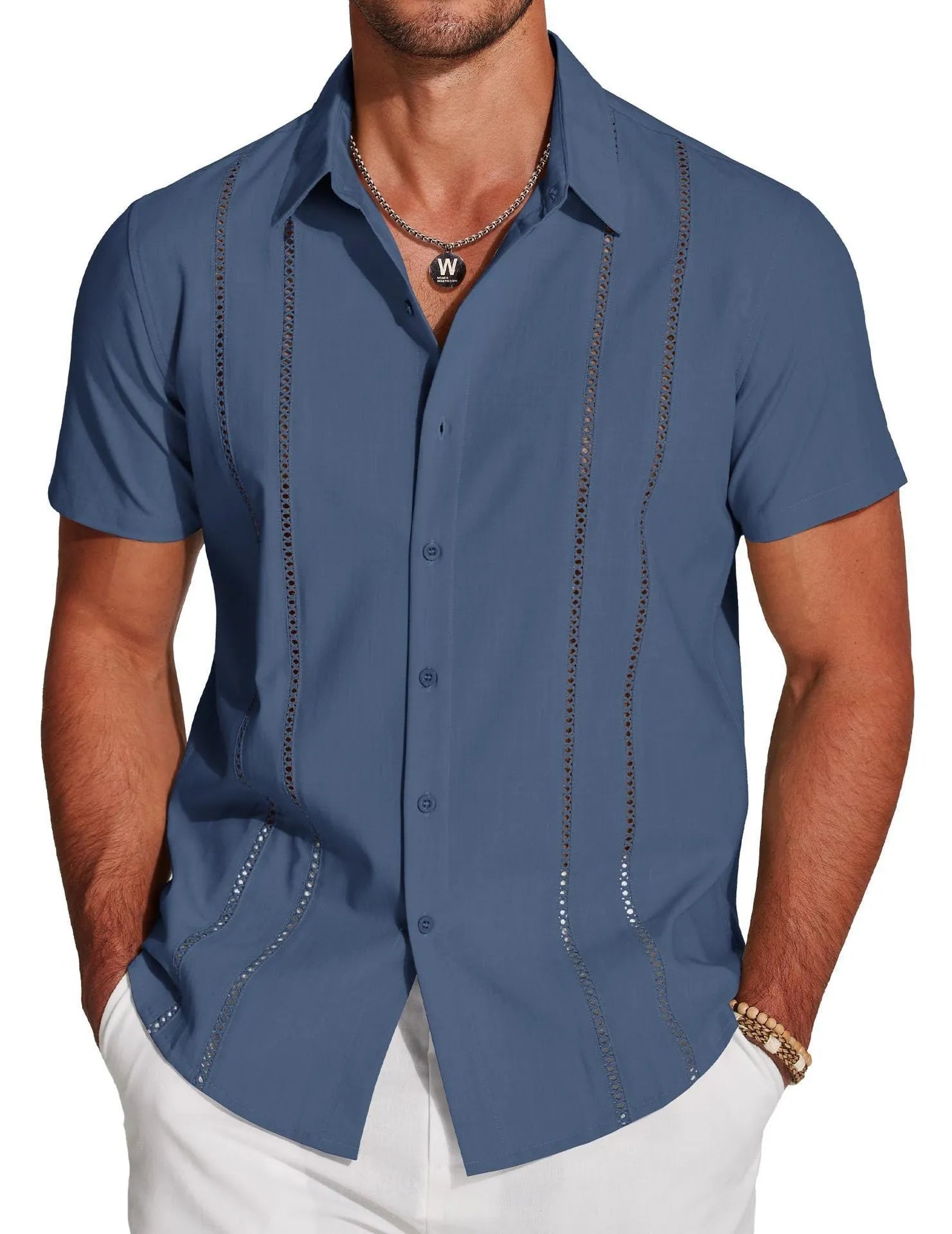 Men's slim fit Hawaiian short sleeve shirt with digital printed pattern on polyester fabric