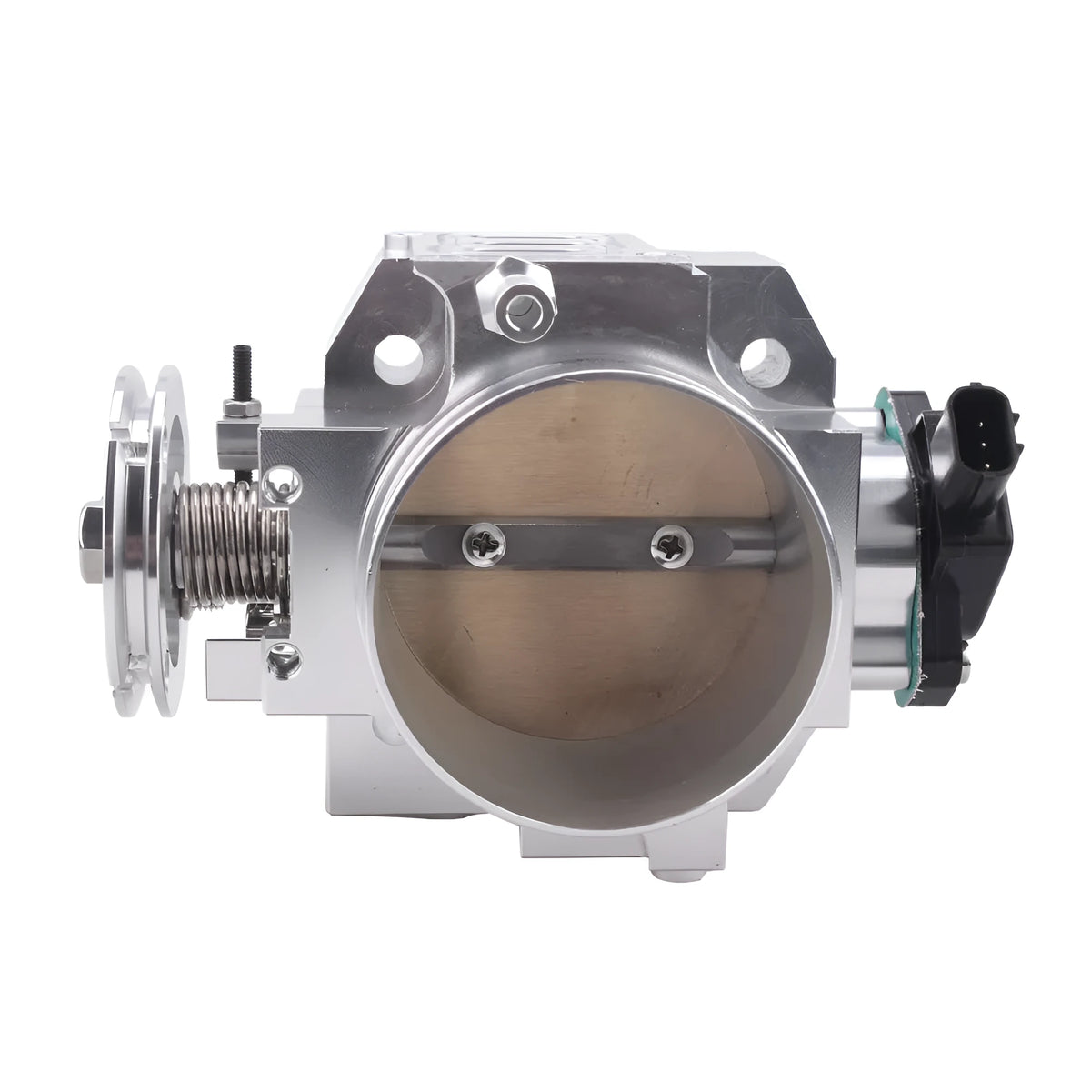Aluminium throttle body for Honda K20A engine, shown in silver finish, approximately 70mm in diameter.