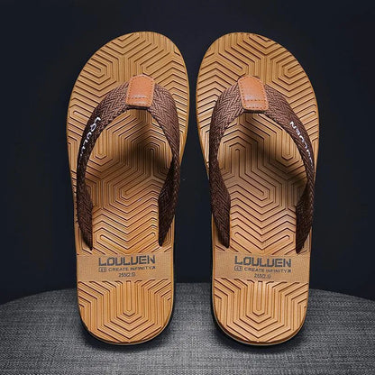 Men's black flip flops with a PVC sole and EVA upper on a plain background.