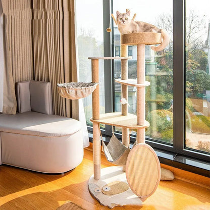 Large wooden cat tree with integrated shelf in Upgrade or Luxury colour for indoor cats