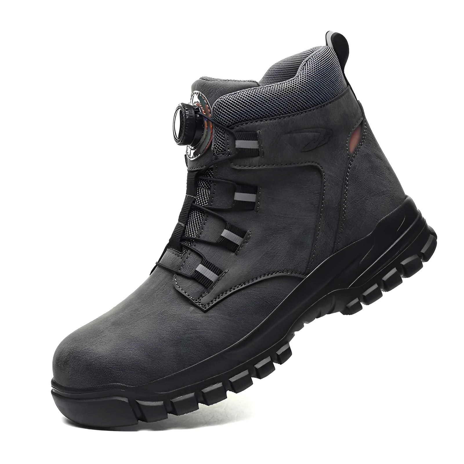 A pair of black leather labour protection safety shoes with rubber soles on a plain background.