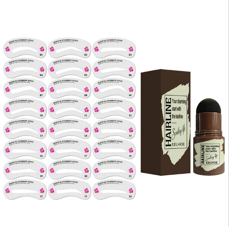 Eyebrow stamp kit with powder compact, air cushion applicator, 10 stencil cards, and dual-ended brow brush on white background