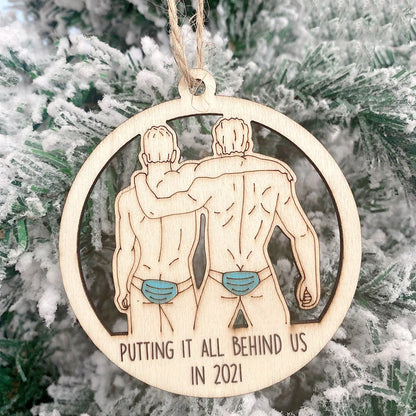 Laser-cut wooden Christmas tree pendant with lovers, snowman, and deer designs