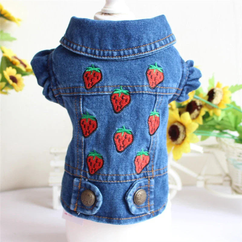 Stylish denim dog jacket with customizable color, pattern, and size options