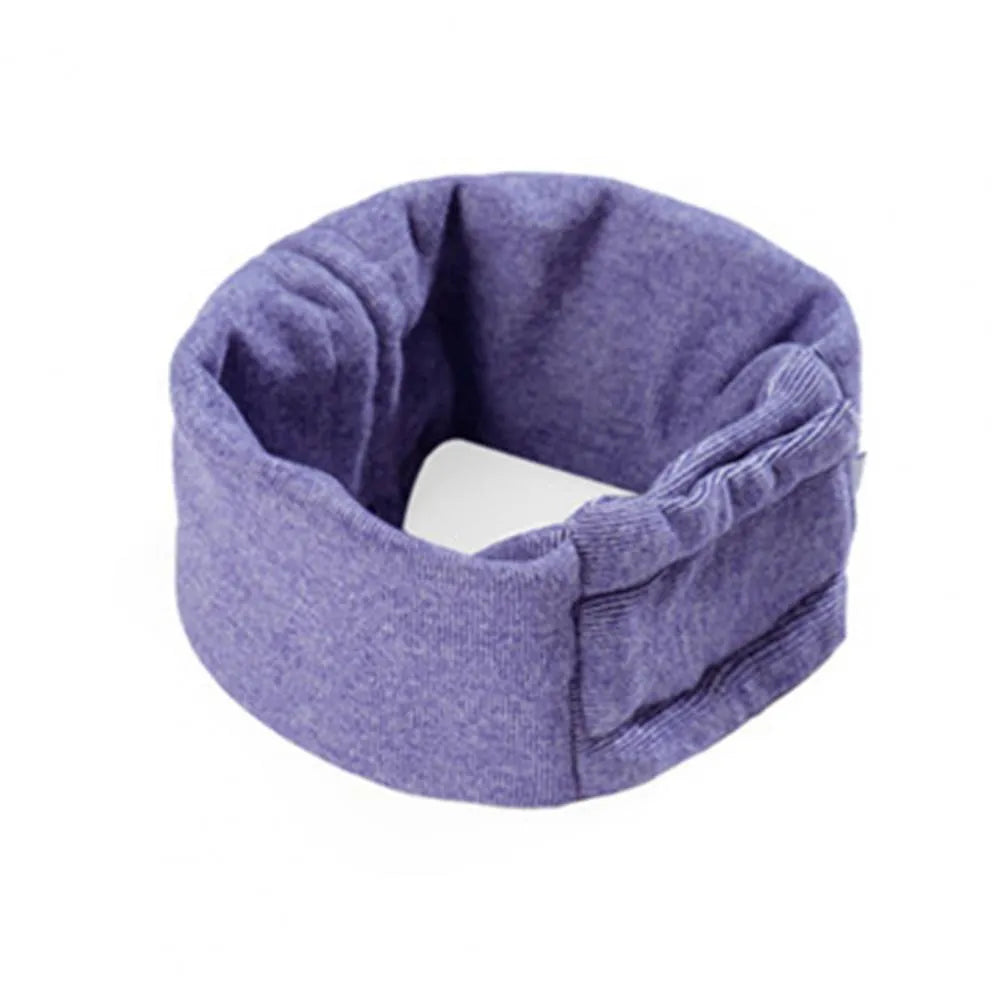 Soft polyester dog head cover for noise reduction and mealtime use in black or purple.