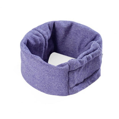 Soft polyester dog head cover for noise reduction and mealtime use in black or purple.