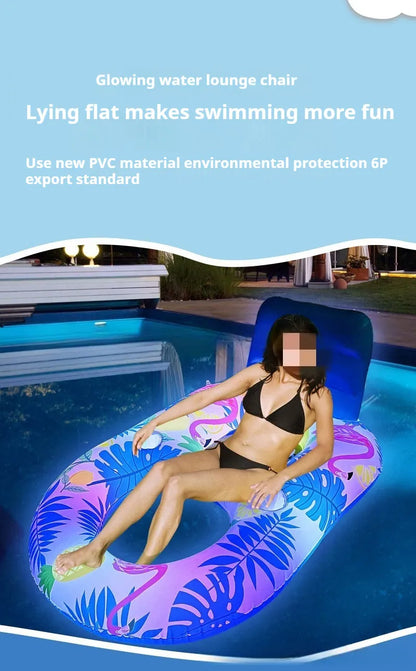 White luminous inflatable floating bed with backrest recliner seat in swimming pool