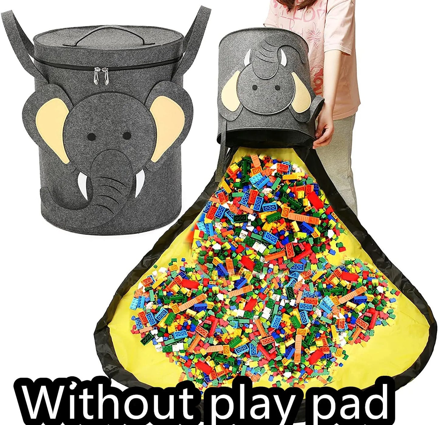 Green felt storage cube with pull rope, unfolded flat as a square play mat next to toys.