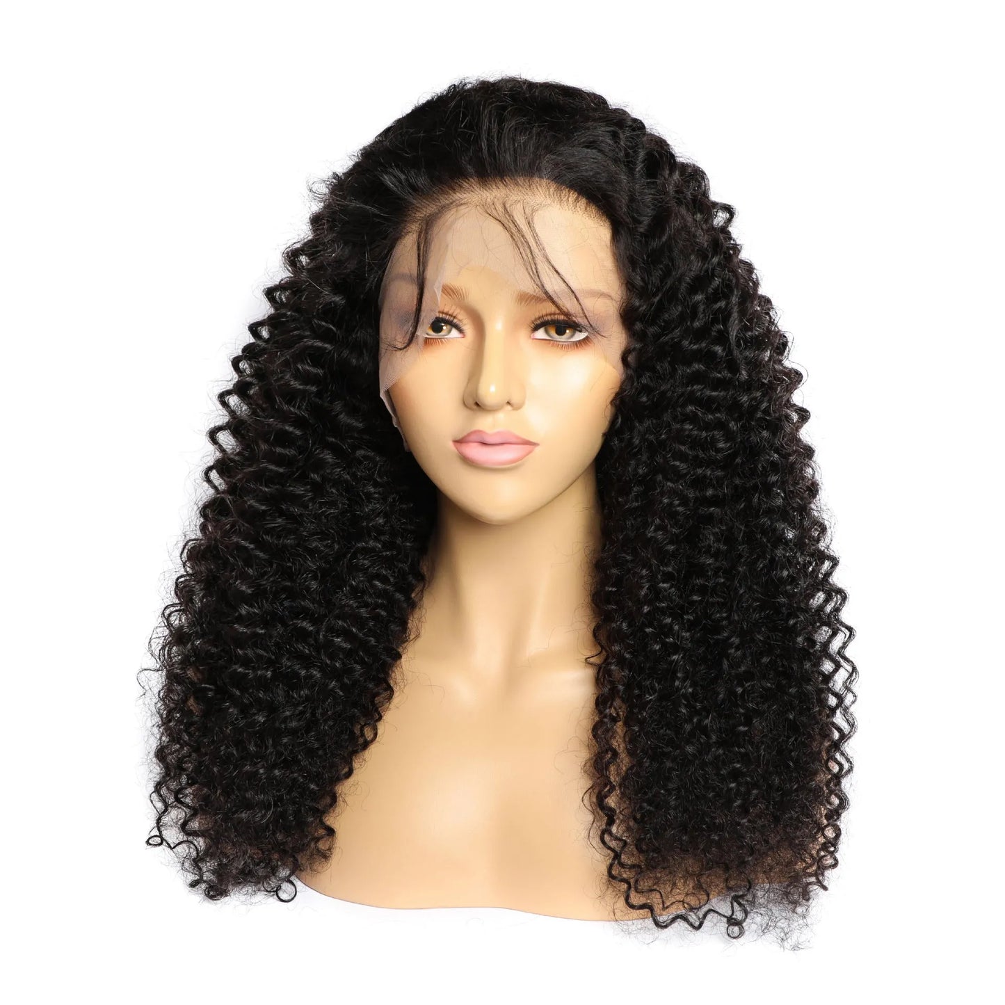Curly human hair lace front wig on a stand, showing natural texture and length.
