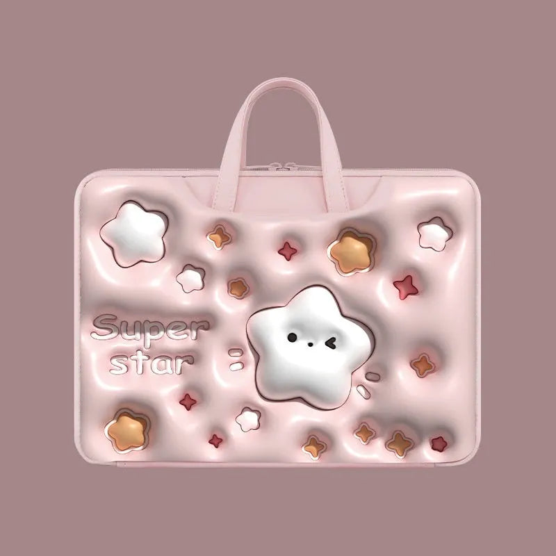 Inflatable laptop bag in PU leather with suitcase attachment strap and cute panda design print