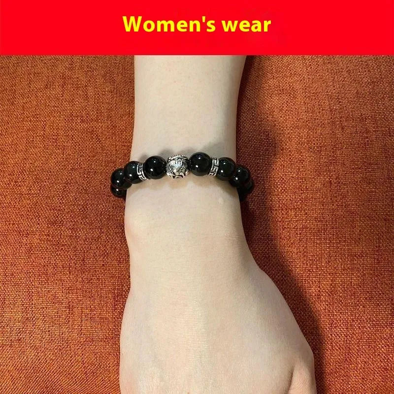 Silver 999 obsidian stone bracelet for men and women in 10mm and 12mm sizes.