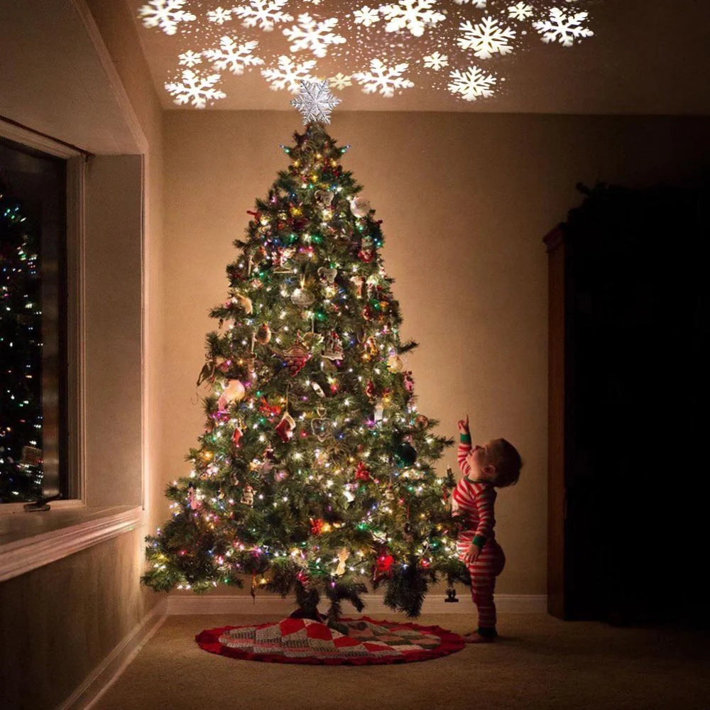 Christmas tree topper star with LED snowflake projector in silver and gold