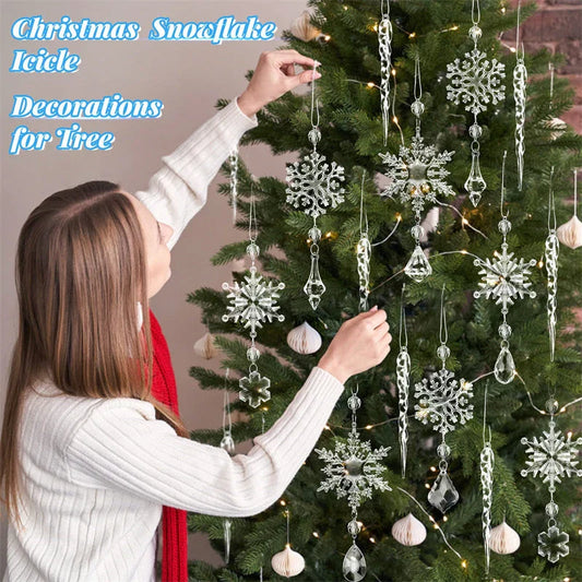 10 clear acrylic icicle ornaments with hanging holes and ribbons for easy holiday display