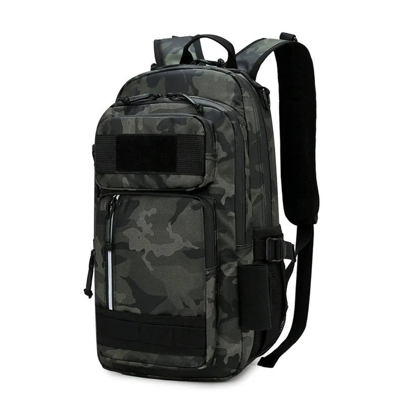 Large orange and black derm outdoor backpack with 20-35L capacity for hiking and camping.
