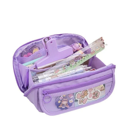 Ten-layer flip canvas pencil case showing multiple compartments in available colours
