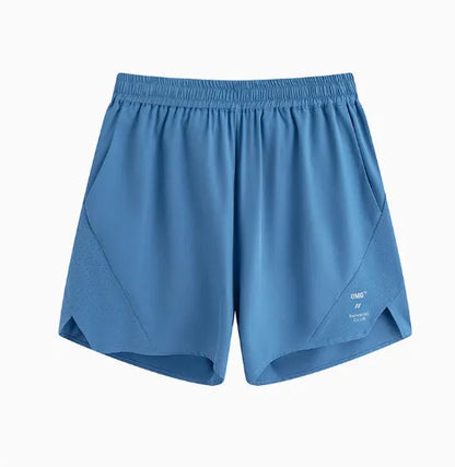 Men's black and blue stretch running shorts with laser punch stitching detail on the legs.