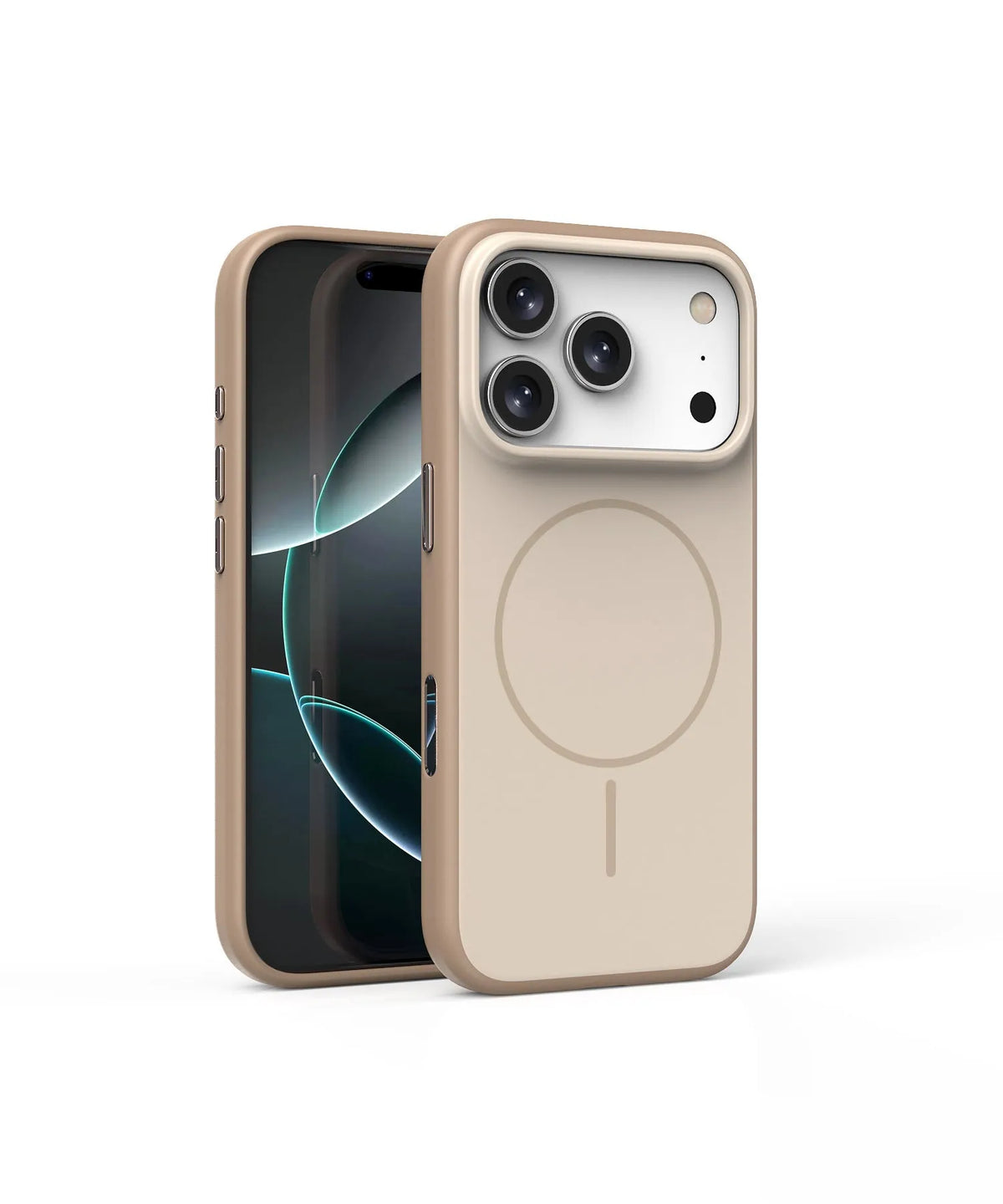 Frosted matte magnetic protective case for iPhone 17 Pro Max in Desert Gold colour, showing textured TPU finish.