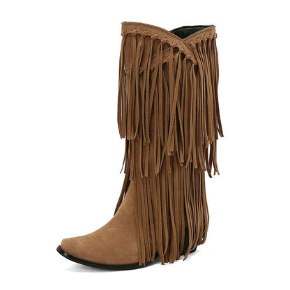 Women's black suede high boots with tassel detail, chunky heel, and square toe.