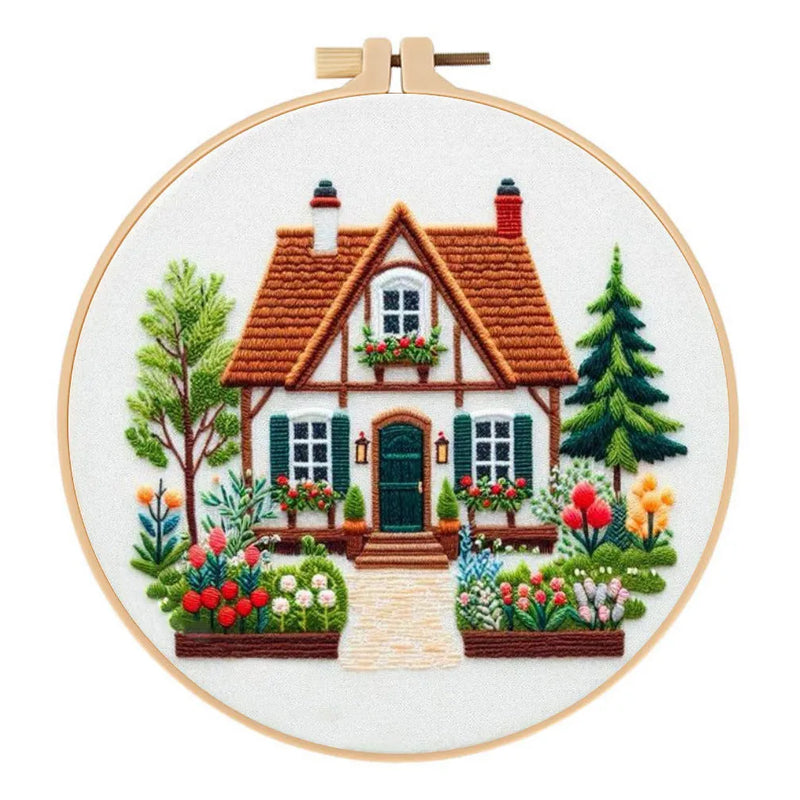 Garden Cottage embroidery fabric package featuring a 28x28cm cotton and linen embroidered cloth in a modern simplicity landscape pattern ideal for cross stitch and embroidery crafts