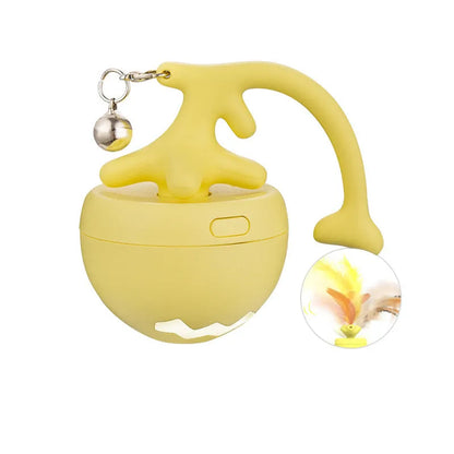 Blue USB rechargeable electric cat teasing ball with fish bone attachments and a separate feather teasing stick.