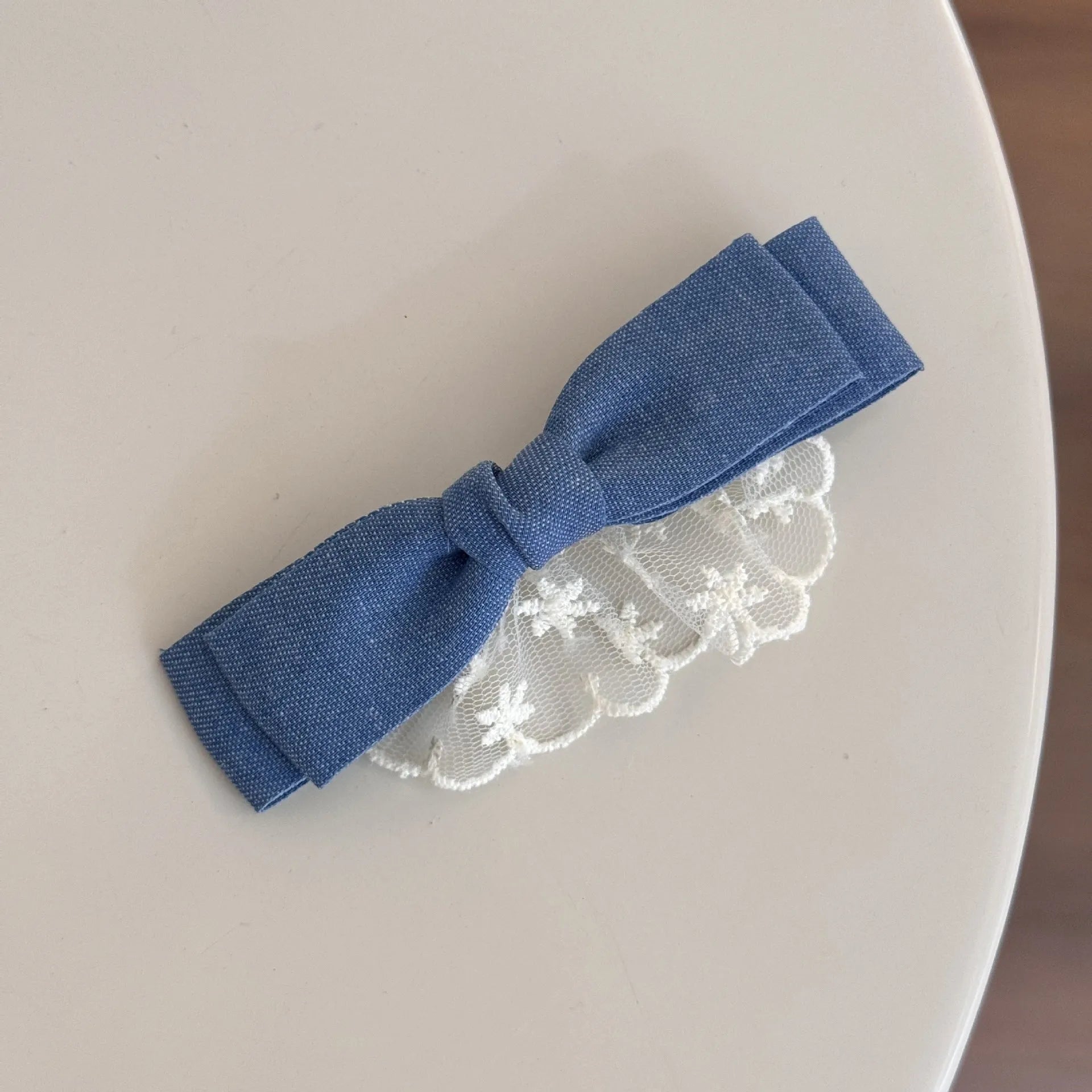 Women's cloth hair barrettes in beige lace, blue bow, oval, pearl butterfly and ribbon pastoral styles