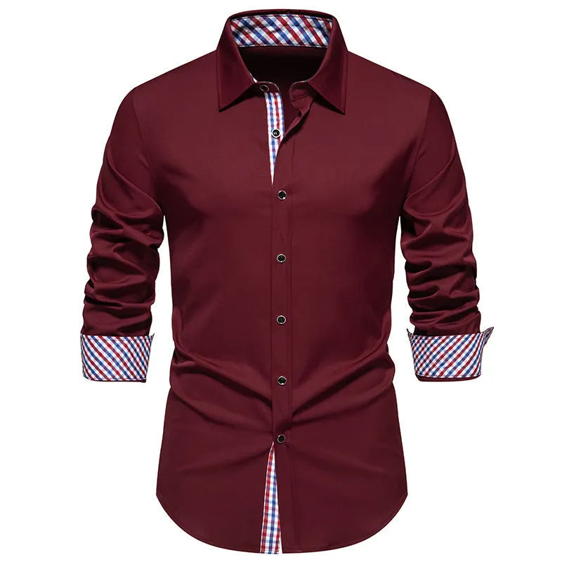 Men's loose plaid stitching casual long-sleeved shirt in black, white or wine red colours