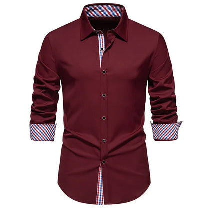 Men's loose plaid stitching casual long-sleeved shirt in black, white or wine red colours