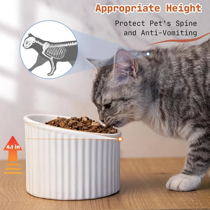 Ceramic elevated cat bowl in green colour showing tilted, round whisker-friendly design.