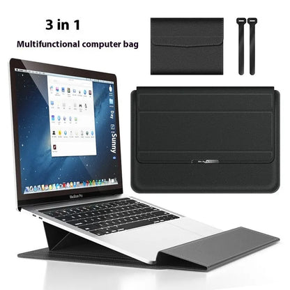 Three-in-one laptop bag in faux leather and plush, shown in black, dark blue, rose gold, grey, dark green, red or camel.