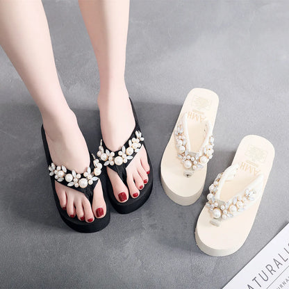 Women's high-heeled flip-flops with cotton cloth upper in beige and black colour options
