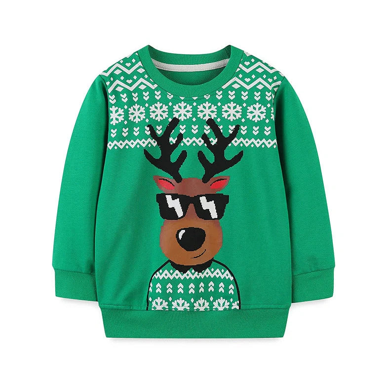 Green boys' sweatshirt with animal cartoon patterns and long sleeves for autumn wear