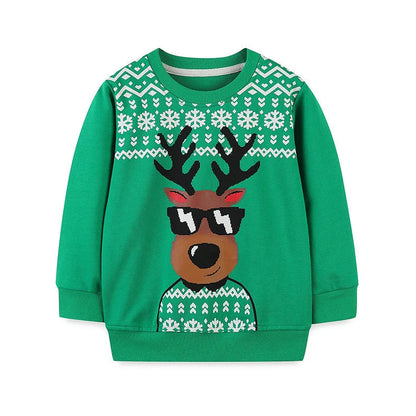 Green boys' sweatshirt with animal cartoon patterns and long sleeves for autumn wear