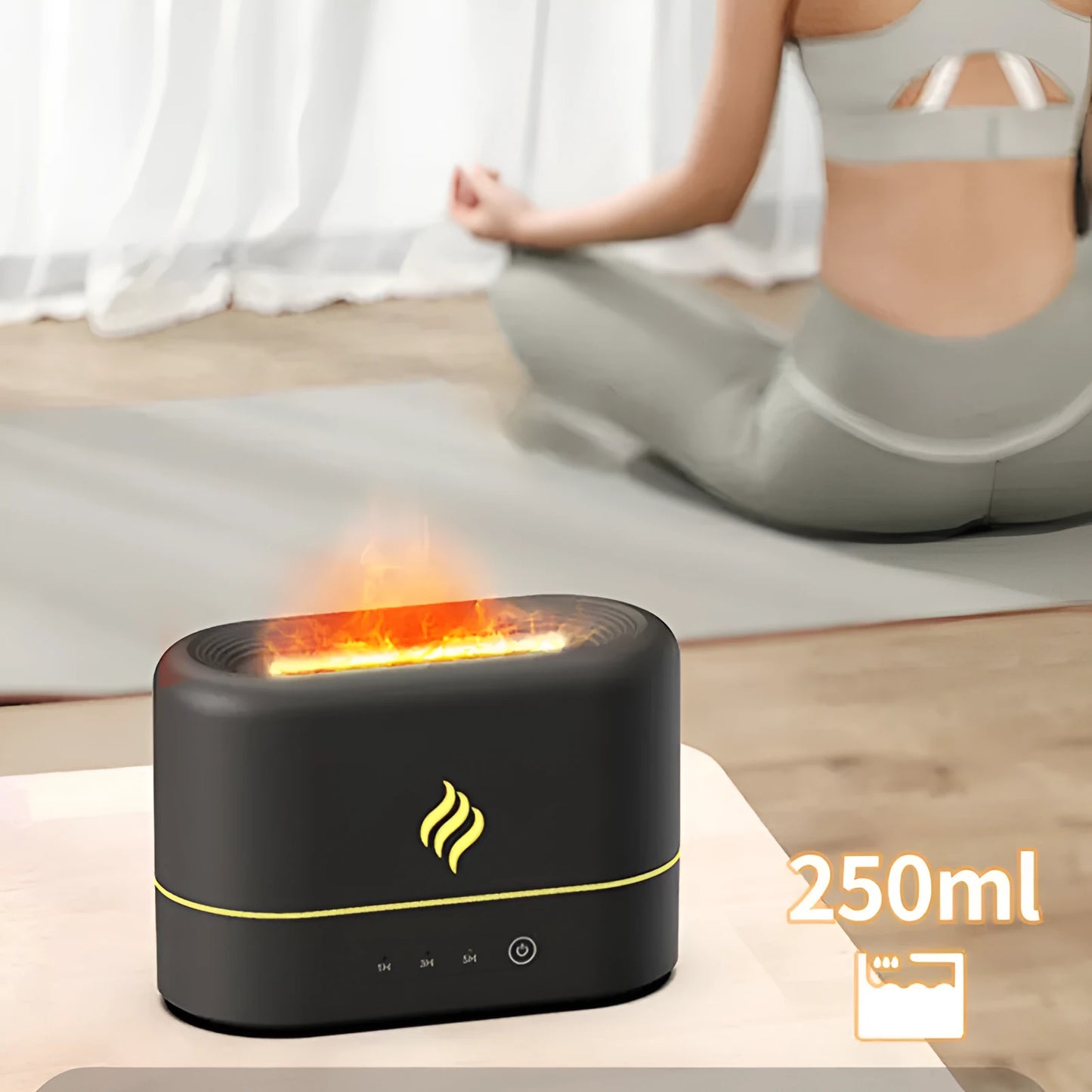 USB-powered humidifier with seven-colour simulated flame effect showing black and white colour options