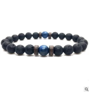 A stylish and durable men's bracelet made with volcanic stone, flash stone, and wood chips