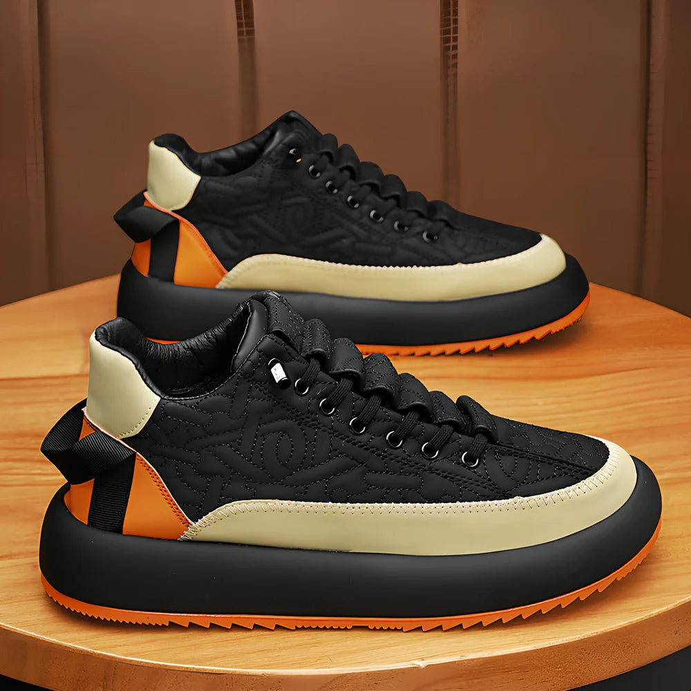 Men's black elastic band sports shoes with 3-5cm thick sole and round toe design
