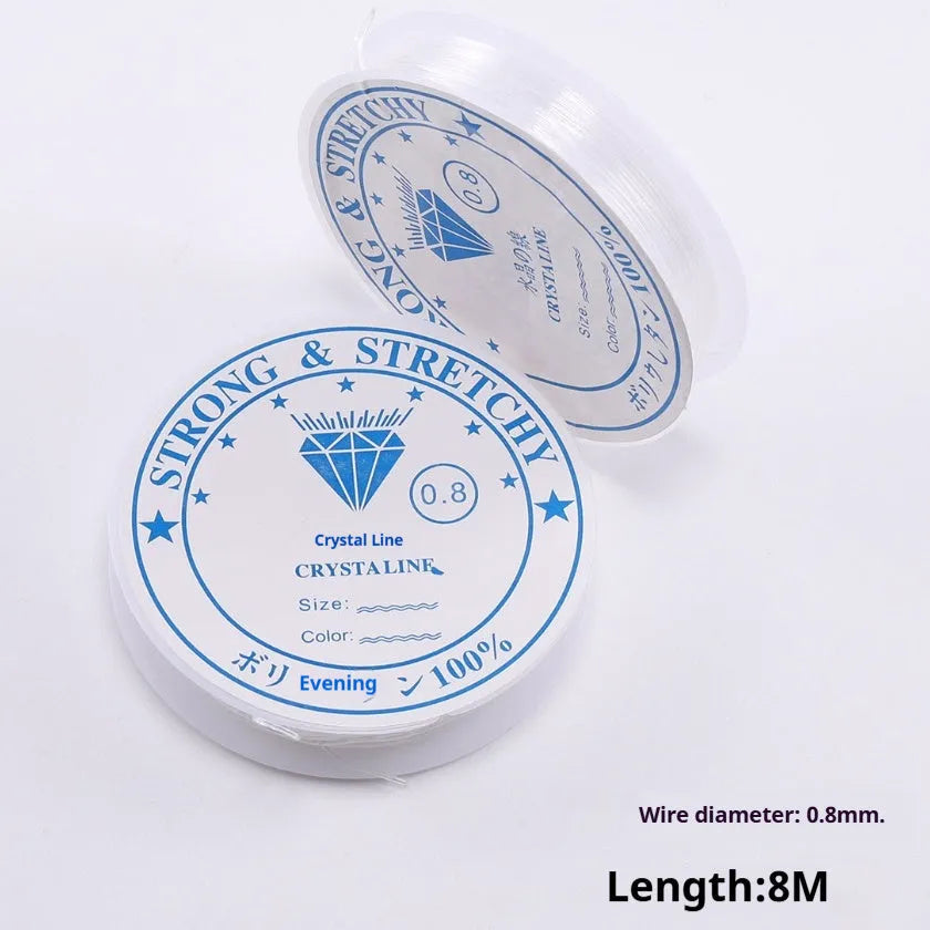 Transparent white elastic cord on spool for DIY jewellery making with diameter options from 0.4mm to 1.0mm