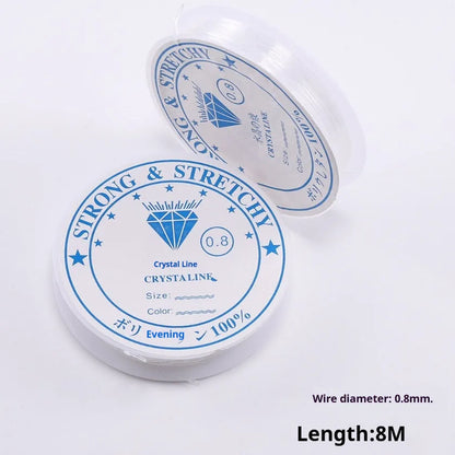 Transparent white elastic cord on spool for DIY jewellery making with diameter options from 0.4mm to 1.0mm