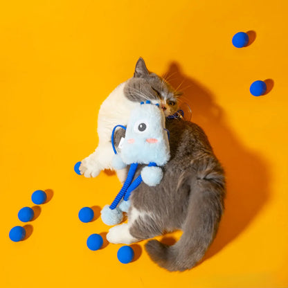 Blue telescopic cat toy with elastic rope, 30cm plush ring, and mint bell