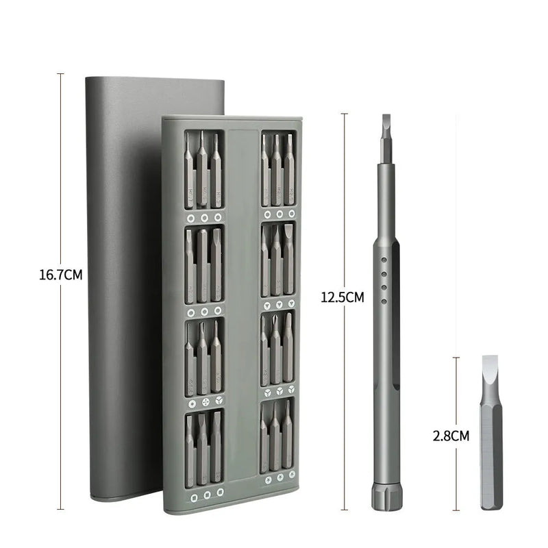 Repair tool mobile phone disassemble screwdriver set, 49-in-one multifunctional household precision kit with magnetic bits for electronics, glasses, and small appliance repair, featuring a nickel aluminium bronze handle and cross and slotted head types.