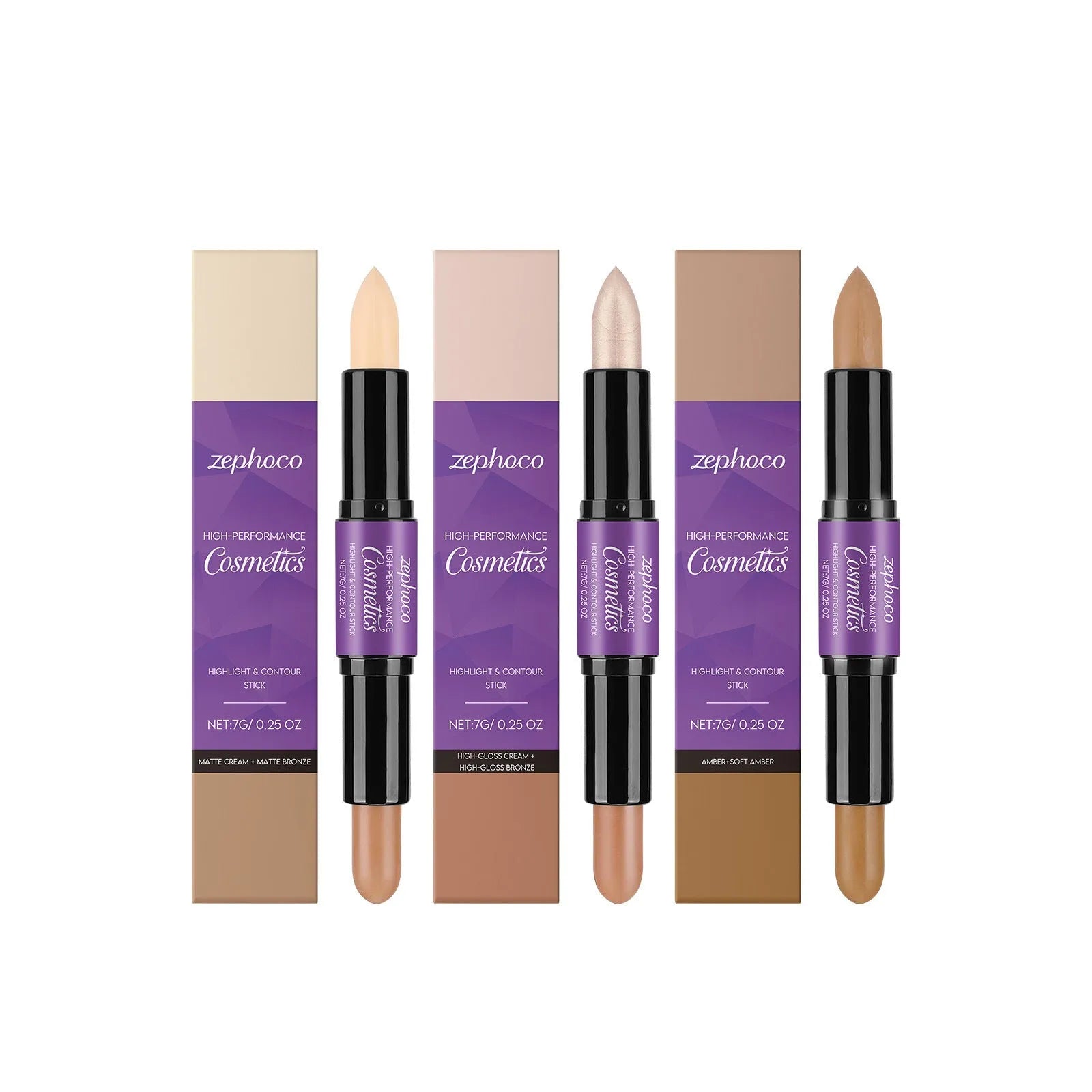 Dual-ended cream highlight and contour makeup stick showing three colour finish options