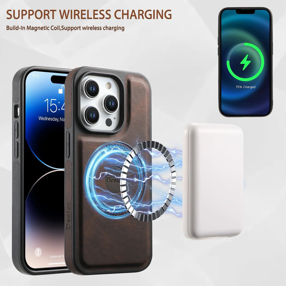 Magnetic iPhone case with rotating bracket and card pack in blue, brown, or black imitation leather.