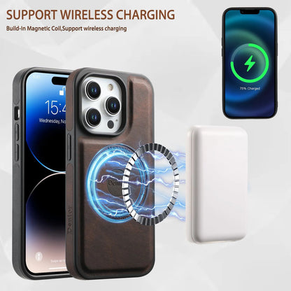 Magnetic iPhone case with rotating bracket and card pack in blue, brown, or black imitation leather.
